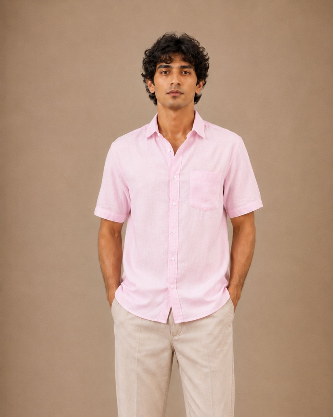 The Baby Pink linen half sleeves shirt