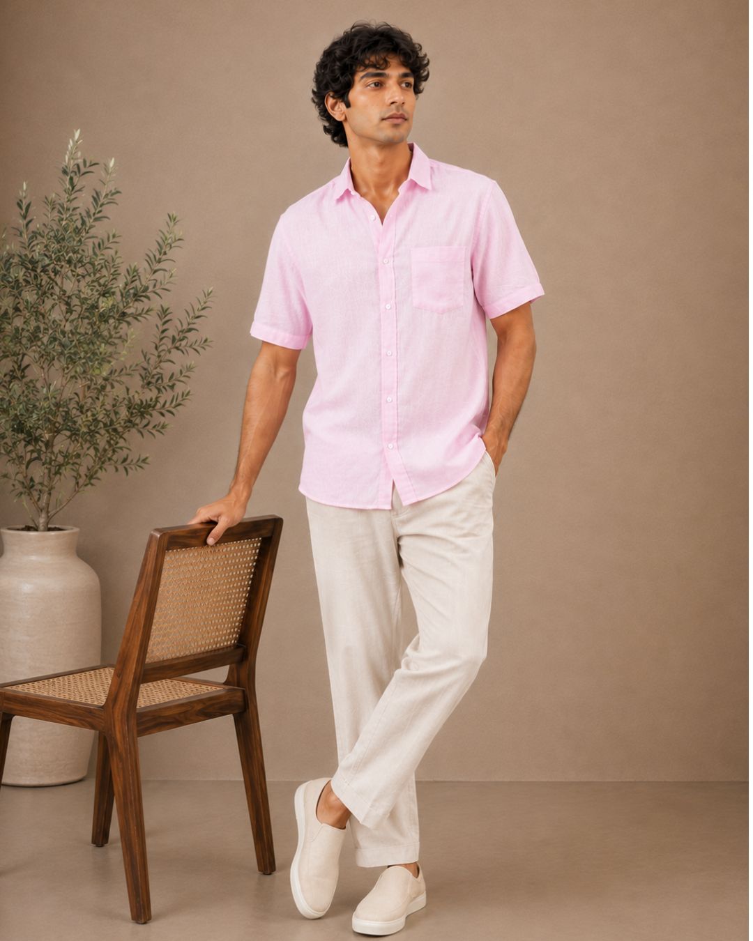 The Baby Pink linen half sleeves shirt