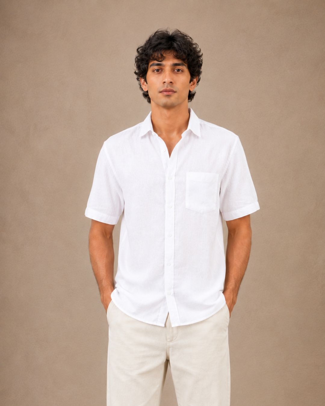 The White linen half sleeves shirt