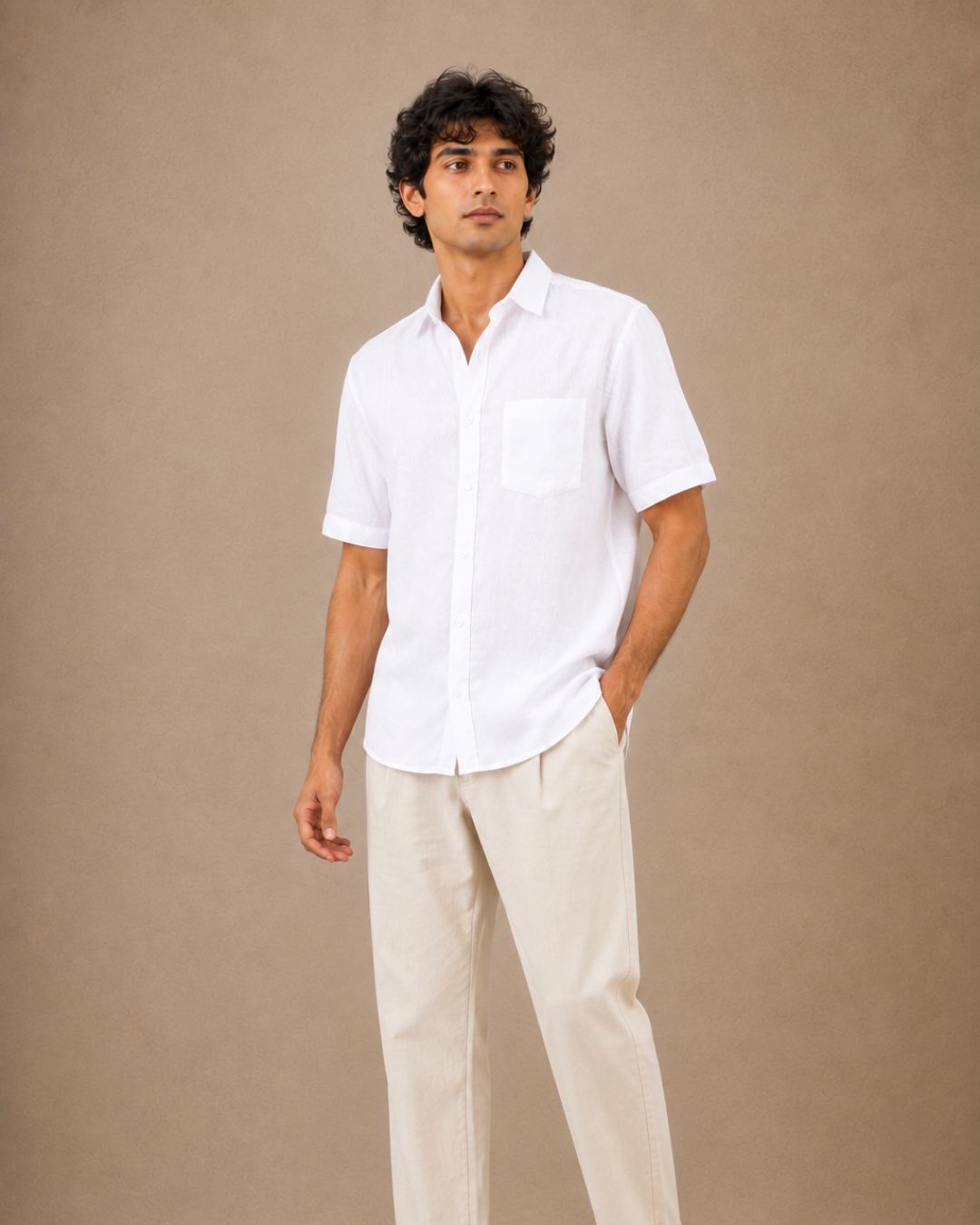 The White linen half sleeves shirt