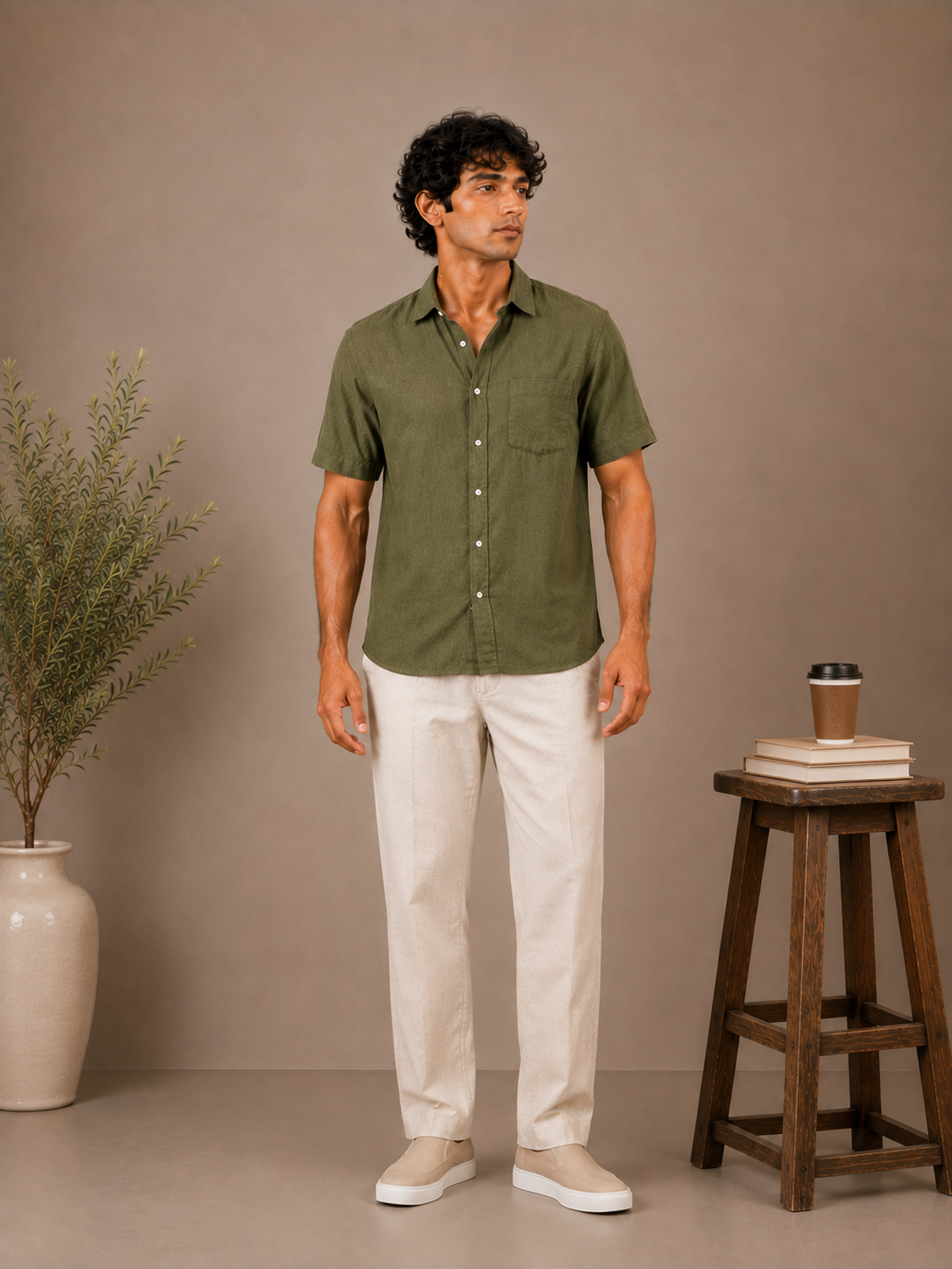 The Olive Green linen half sleeves shirt