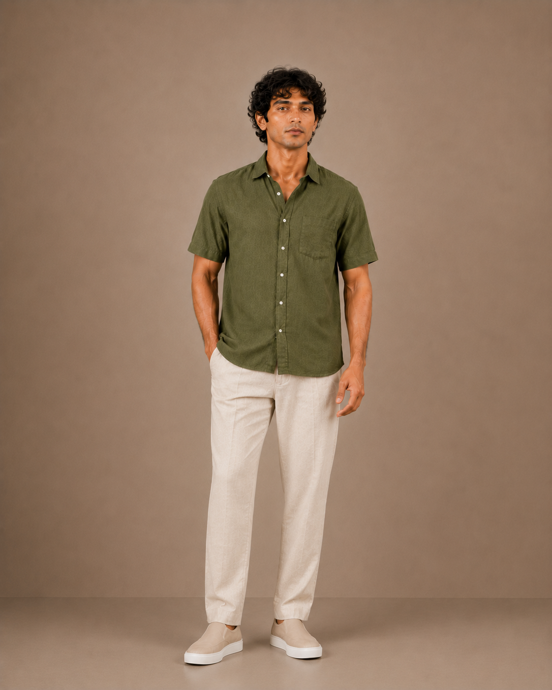 The Olive Green linen half sleeves shirt