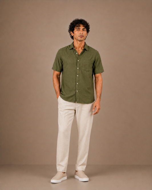 The Olive Green linen half sleeves shirt