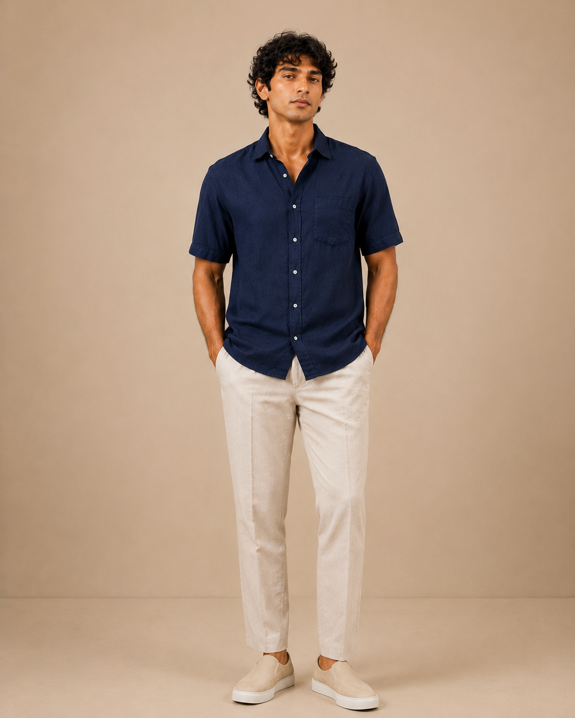 The Navy blue linen half sleeves shirt