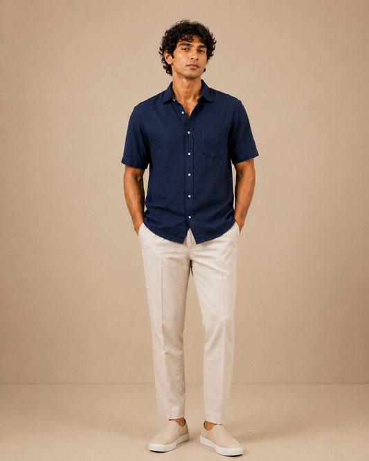 The Navy blue linen half sleeves shirt