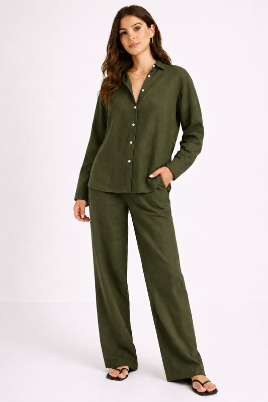 The Olive green Linen blend shirt & Pant set/Coordset.